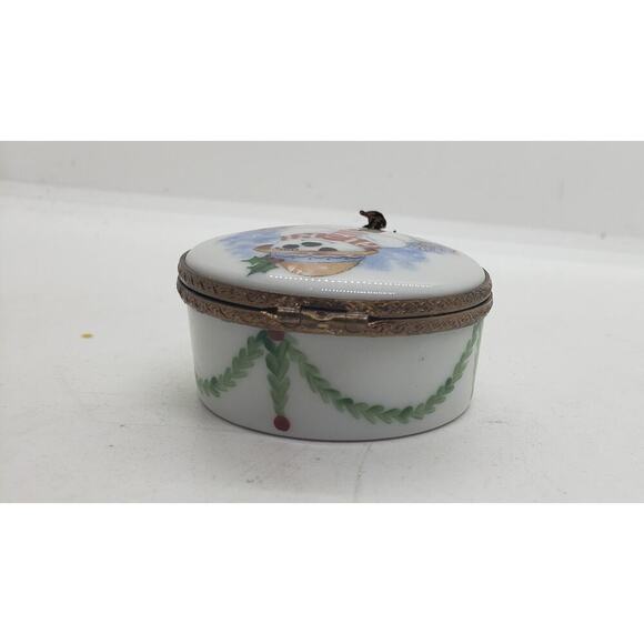 Vintage Limoges Porcelain Trinket Jewelry Box Snowman Holly Christmas Hand Paint - Picture 9 of 14